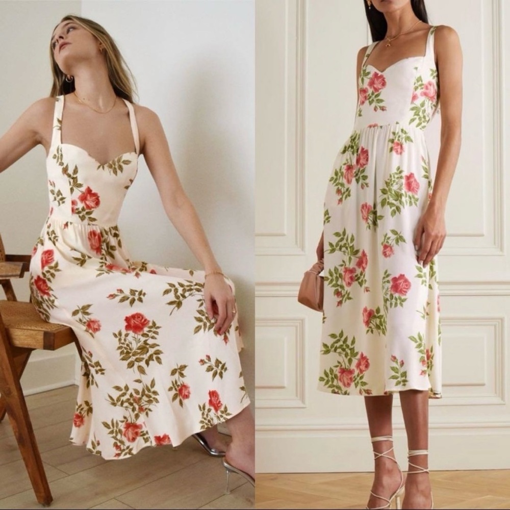 Reformation Floral Midi Dress in Cream with Pink & Green Rose Print